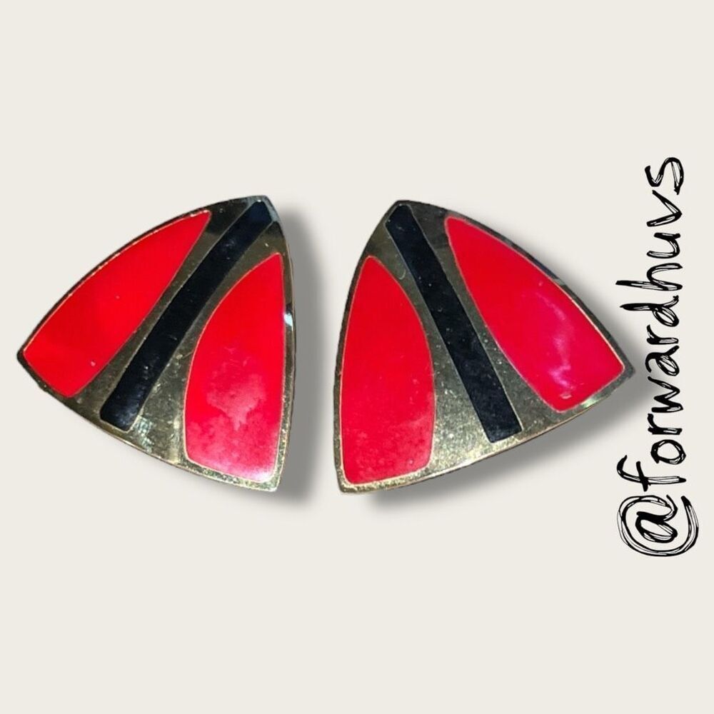 Bundle Sale 3 for $15 | Vintage 1980s Red, Black & Gold Tone Geometric Earrings